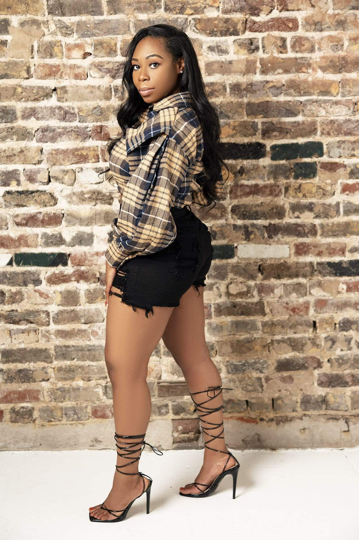 Brown Kelsey Plaid | Balloon Sleeve Crop Top