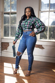 Shirts & Tops Green Kelsey Plaid | Balloon Sleeve Crop Top