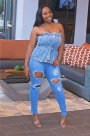 Tops Sliced | Belted Denim Top