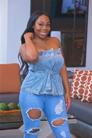 Tops Sliced | Belted Denim Top
